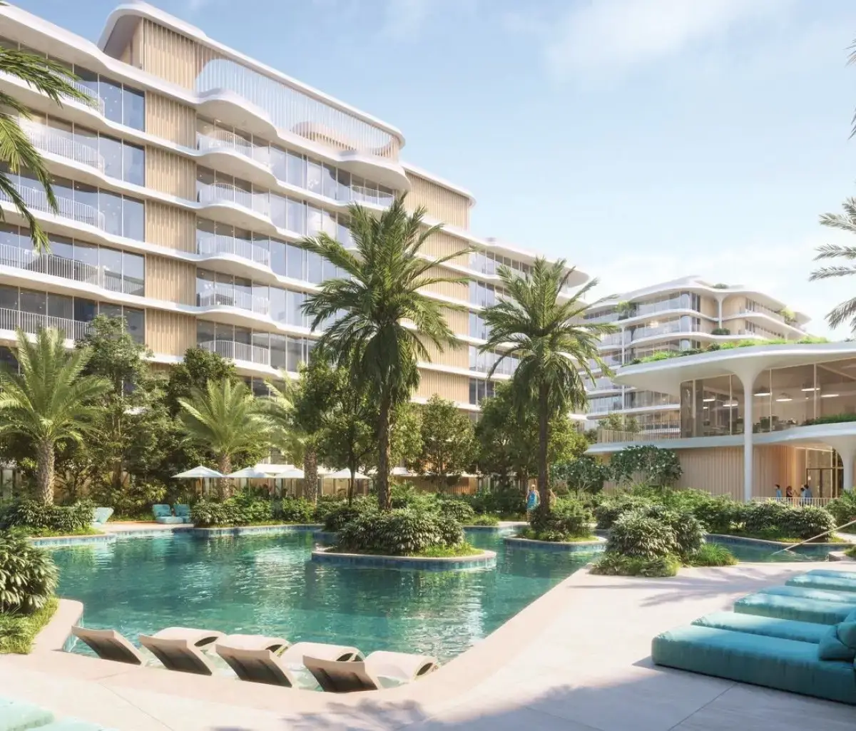 Sunlit exterior of Mamsha Gardens apartments near the cultural district in Abu Dhabi